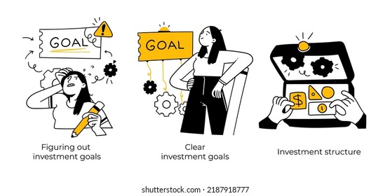 Stock trading, stakeholder, investment, analysis, trader strategy concept illustrations - abstract business concept illustrations. Investment goals, Investment structure. Visual stories collection