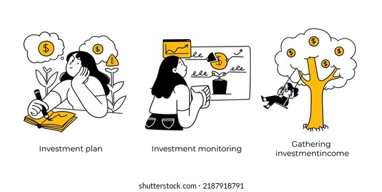 Stock trading, stakeholder, investment, analysis, trader strategy concept illustrations - abstract business concept illustrations. Investment plan, monitoring and gathering. Visual stories collection