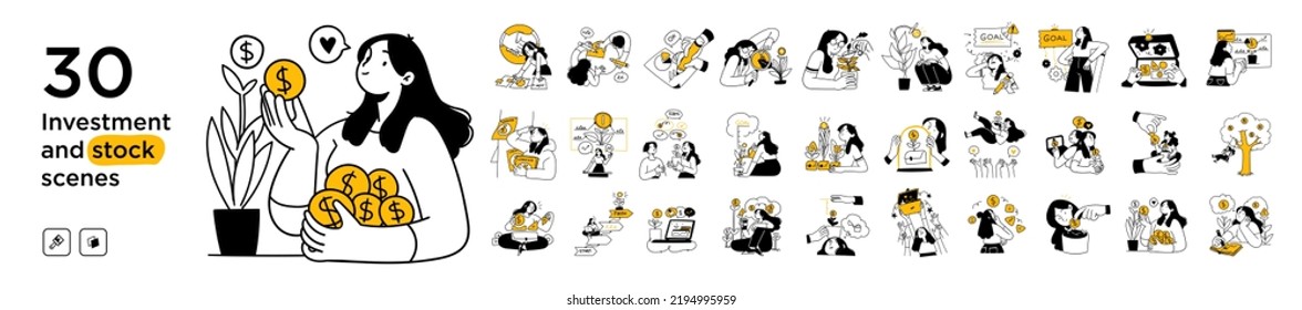 Stock trading, stakeholder, investment, analysis, trader strategy concept illustrations. Collection of scenes with people trading on a stock market, losing or gaining profit
