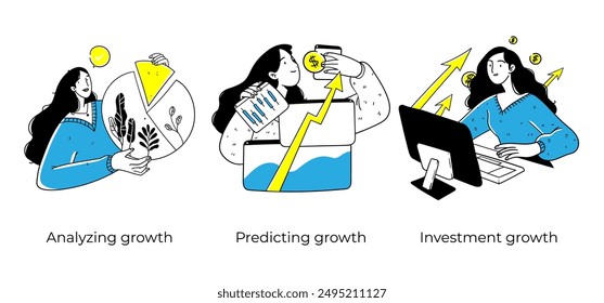 Comercio de acciones, accionistas, inversión, análisis, ilustraciones de concepto de estrategia de trader - ilustraciones de concepto de negocio. Colección de historias visuales.