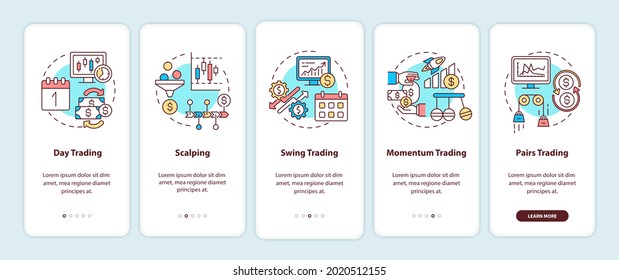 Stock trading styles onboarding mobile app page screen with concepts. Day trading, scalping, swing walkthrough 5 steps graphic instructions. UI, UX, GUI vector template with linear color illustrations