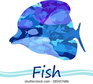 Stock unusual multicolored tropical fish on a white background with waves and the inscription