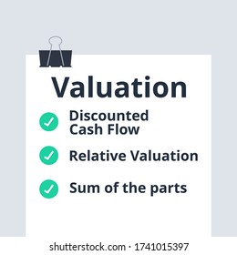 Vector de valoración bursátil. Flujo de caja con descuento, Valoración relativa, Suma de las piezas. Concepto de finanzas e inversión. Diseño plano.
