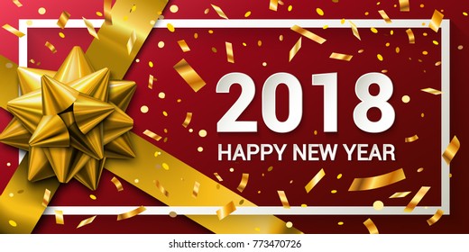 Stock Vector 2018 Happy New Year background with golden gift bow, ribbon and confetti