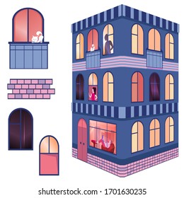 Stock vector 3d isometric dwelling apartment with people on terrace and balcony. Cartoon bright game storey building with persons inside window. Flat urban house elements isolated on white background.