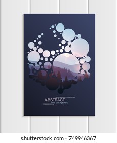 Stock vector A5 or A4 format brochure design business template with abstract circles and mountain landscape at sunset, dawn backgrounds for printed material, corporate style element, card, cover, wall