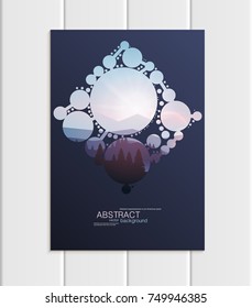 Stock vector A5 or A4 format brochure design business template with abstract circles and mountain landscape at sunset, dawn backgrounds for printed material, corporate style element, card, cover, wall