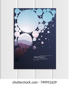 Stock vector A5 or A4 format brochure design protection environmental ecology with abstract circles and mountain landscape at sunset, dawn background for printed material, corporate style element, cov