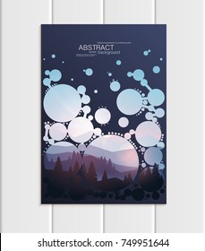 Stock vector A5 or A4 format brochure design protection environmental ecology with abstract circles and mountain landscape at sunset, dawn background for printed material, corporate style element, cov