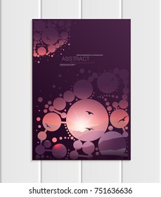 Stock vector A5 or A4 format brochure design business template with abstract circles and mountain landscape at sunset, dawn backgrounds for printed material, corporate style element, card, cover, wall