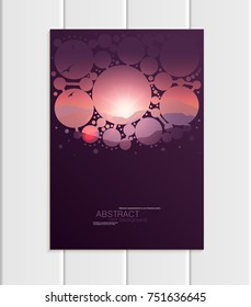 Stock vector A5 or A4 format brochure design business template with abstract circles and mountain landscape at sunset, dawn backgrounds for printed material, corporate style element, card, cover, wall