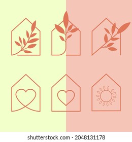 Stock vector abstract cozy home emblems, houses and plants symbols for social media stories highlights and posts for interior stores