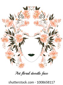 stock vector abstract face with flower , doodle bouquet. oriental or arabic, russia textile design. template for card. banner