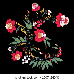 vectorial de stock, flor y onda abstracta, bouquet de doodle. diseño textil oriental o árabe, ruso. plantilla para tarjeta. pancarta