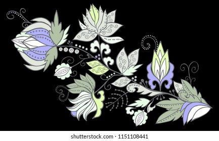 stock vector abstract hand draw flower and wave, doodle bouquet. oriental or arabic, russia art background. template for card. banner