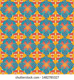 Stock vector abstract hand draw pattern with flowers in yellow, orange and blue colors. Seamless template for card or banner. Oriental or arabic, russia art background.