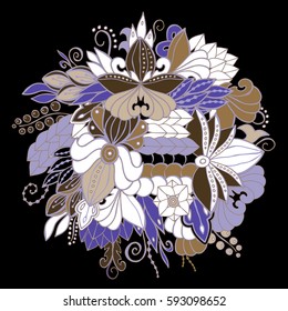stock vector abstract hand draw flower and wave, doodle bouquet. oriental or arabic, russia art background. template for card. banner