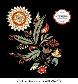 stock vector abstract hand draw flower and wave, doodle bouquet. oriental or arabic, russia textile design. template for card. banner