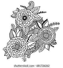 stock vector abstract hand draw flower and wave, doodle bouquet. oriental or arabic, russia textile design. template for card. banner