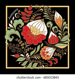 stock vector abstract hand draw flower and wave, doodle bouquet. oriental or arabic, russia art background. template for card. banner