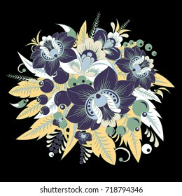 stock vector abstract hand draw flower and wave, doodle bouquet. oriental or arabic, russia art background. template for card. banner