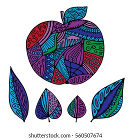 stock vector abstract isolated apple and leaf. hand draw pattern