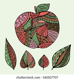 stock vector abstract isolated apple and leaf. hand draw pattern