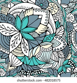 stock vector abstract seamless  doodle pattern with flowers and waves. hand draw background