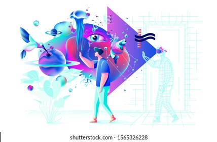 Stock vector abstract Xtreme colorful 
illustration VR technology man  gamer cyberpower virtual reality glasses surreal unreal world fluid futuristic geometric special feature for web design business