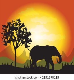 Stock vector of African wildlife. Silhouette illustration of an elephant under the tree at safari in sunset time. Beauty in the evening savanna. Realistic illustration with background mountains.