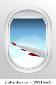 stock vector airplane window. view from airplane with airplane wing. beautiful skies from airplane window. vacation destinations.