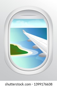 stock vector airplane window. view from airplane with airplane wing. beautiful skies from airplane window. vacation destinations. tropical island.