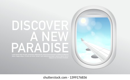 stock vector airplane window. view from airplane with airplane wing. beautiful skies from airplane window. vacation destinations. discover a new paradise. web vector banner.