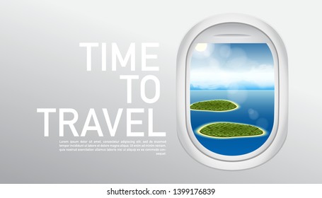 stock vector airplane window. view from airplane. beautiful skies from airplane window. vacation destinations. tropical island. time to travel. web vector banner.