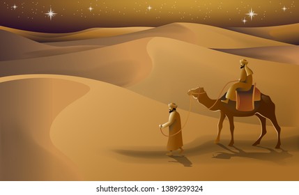 stock vector arabian desert landscape with  man riding camel and starry night graphic illustration