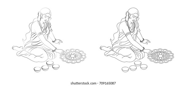 Stock vector artwork of Indian lady making rangoli for diwali, pongal or onam