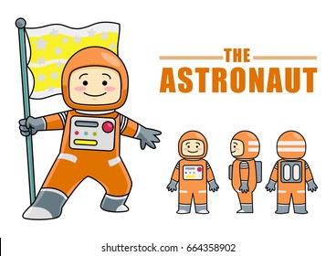 Stock Vector of Astronaut cute character holding the flag. Model sheet for animation. Great for mascot.