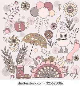 stock vector autumn background with cartoon cat, umbrella, tree and flower