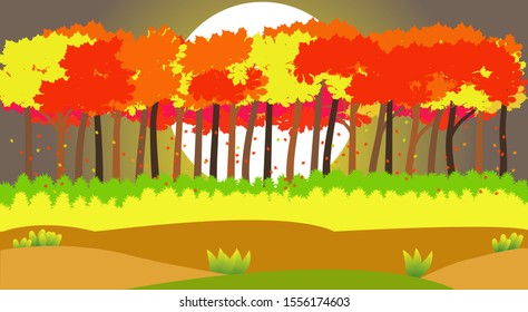 stock vector of autumn landscape with big moon and falls leaves. can use for poster, background and website