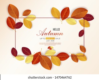 Stock Vector Autumn Paper Cut Leaves Backround. Hello Autumn. September flyer template. Circle layered cave frame. Origami Foliage. Fall poster. Vector EPS10