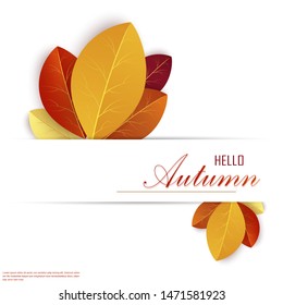 Stock Vector Autumn Paper Cut Leaves Backround. Hello Autumn. September flyer template. Circle layered cave frame. Origami Foliage. Fall poster. Vector EPS10