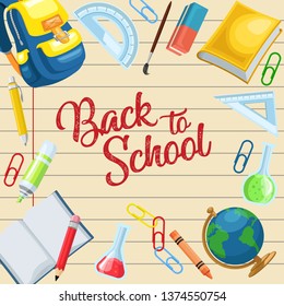 stock vector back to school concept with school supplies on note paper background