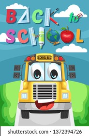 stock vector back to school with cute school bus and supplies graphic object illustration
