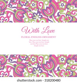 Stock vector background with endless floral ornament (bright pink and violet flowers in doodling stile). Lovely saturated colors. Card template for invitations, Valentine's Day, decoration etc. 