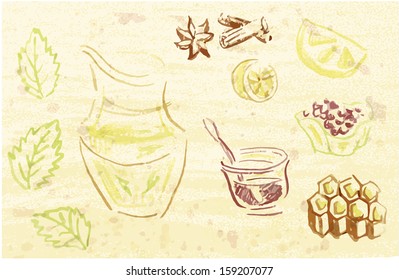 Stock vector background with honey and flu treatment with vitamins set  illustration
