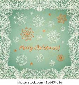 Stock vector background with snowflakes and a lace border.