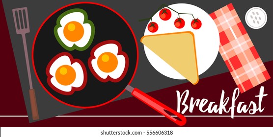 Stock vector banner design with breakfast on the table. Cartoon style illustration.