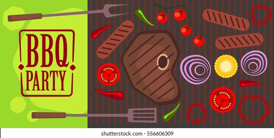 Stock vector banner design with grill, meat, vegetables. BBQ party cartoon style illustration.