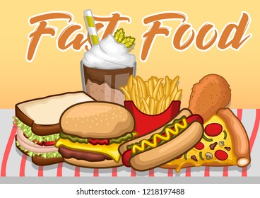 stock vector, banner of fast food burger, hot dog, pizza, sandwich, fried chicken, fried fries for your lunch object illustration