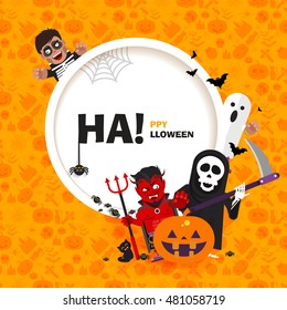 Stock vector banner Happy Halloween with the characters in a flat style on seamless pattern for printed materials, cards, greetings, invitations to a party